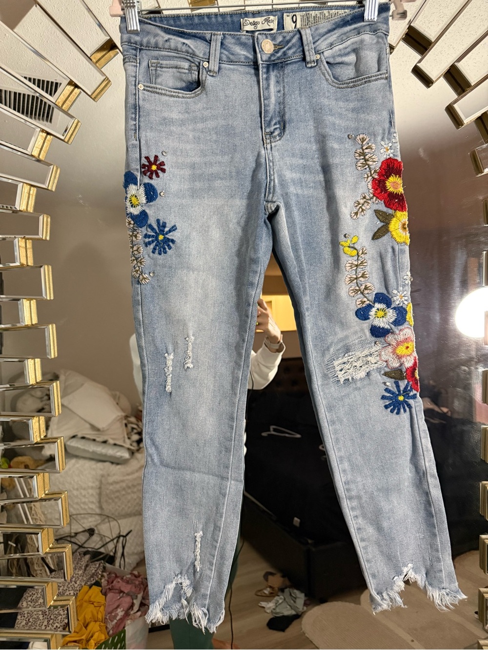 Indigo Rein Light Blue Skinny Jeans with Multicolor Floral Embroidery